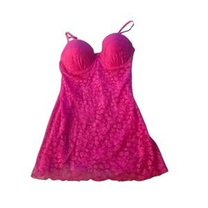 Hot Pink Floral Lace Babydoll Chemise Lingerie Padded Underwire Mini Dress
